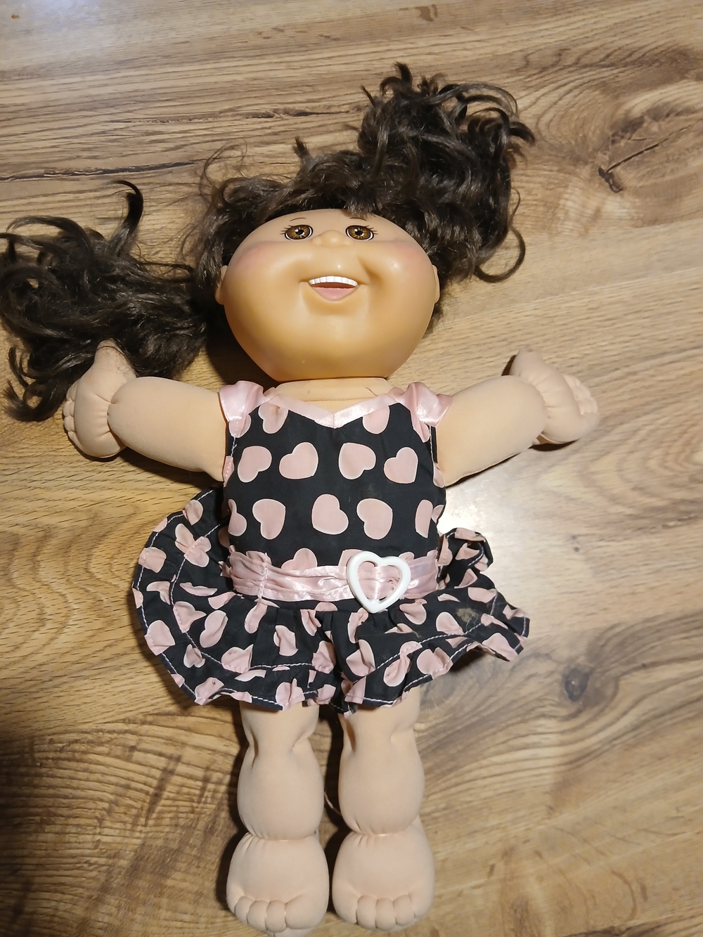 Vintage Cabbage Patch Kid Heart-Print Doll in Black and Pink Dress